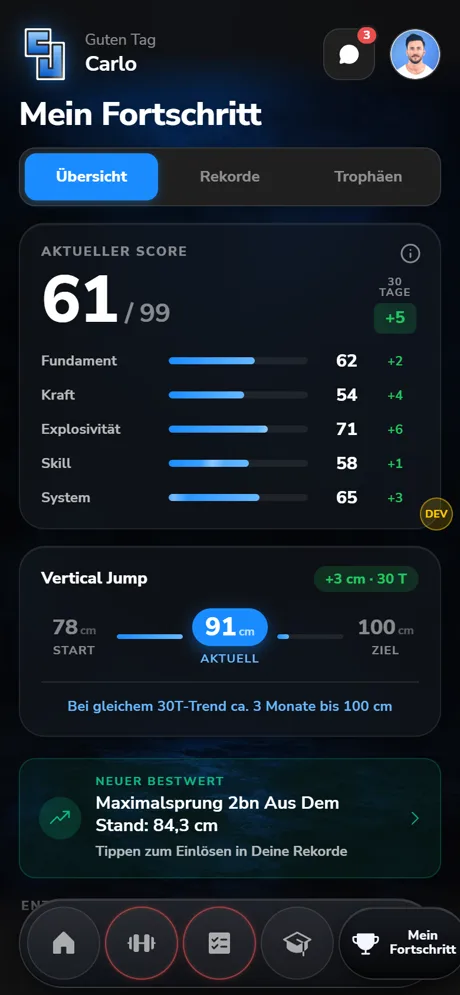 MyJumper-Score mit fünf Säulen und Sprungkurve