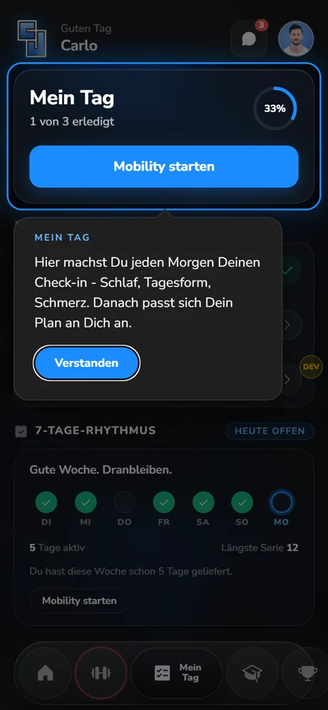 Mein Tag mit Body-Check und Fortschritts-Ring